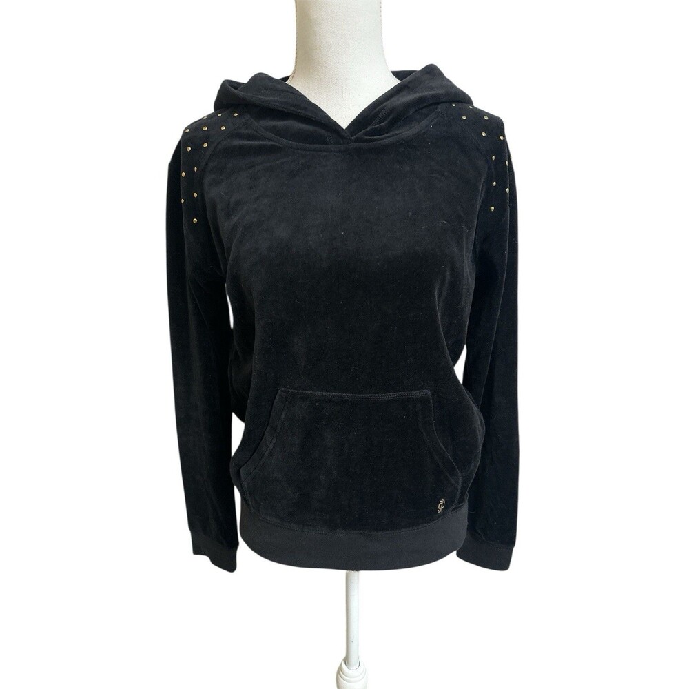 Juicy Couture Women's S Black Velour Hoodie hooded Sweatshirt With Gold Studs
